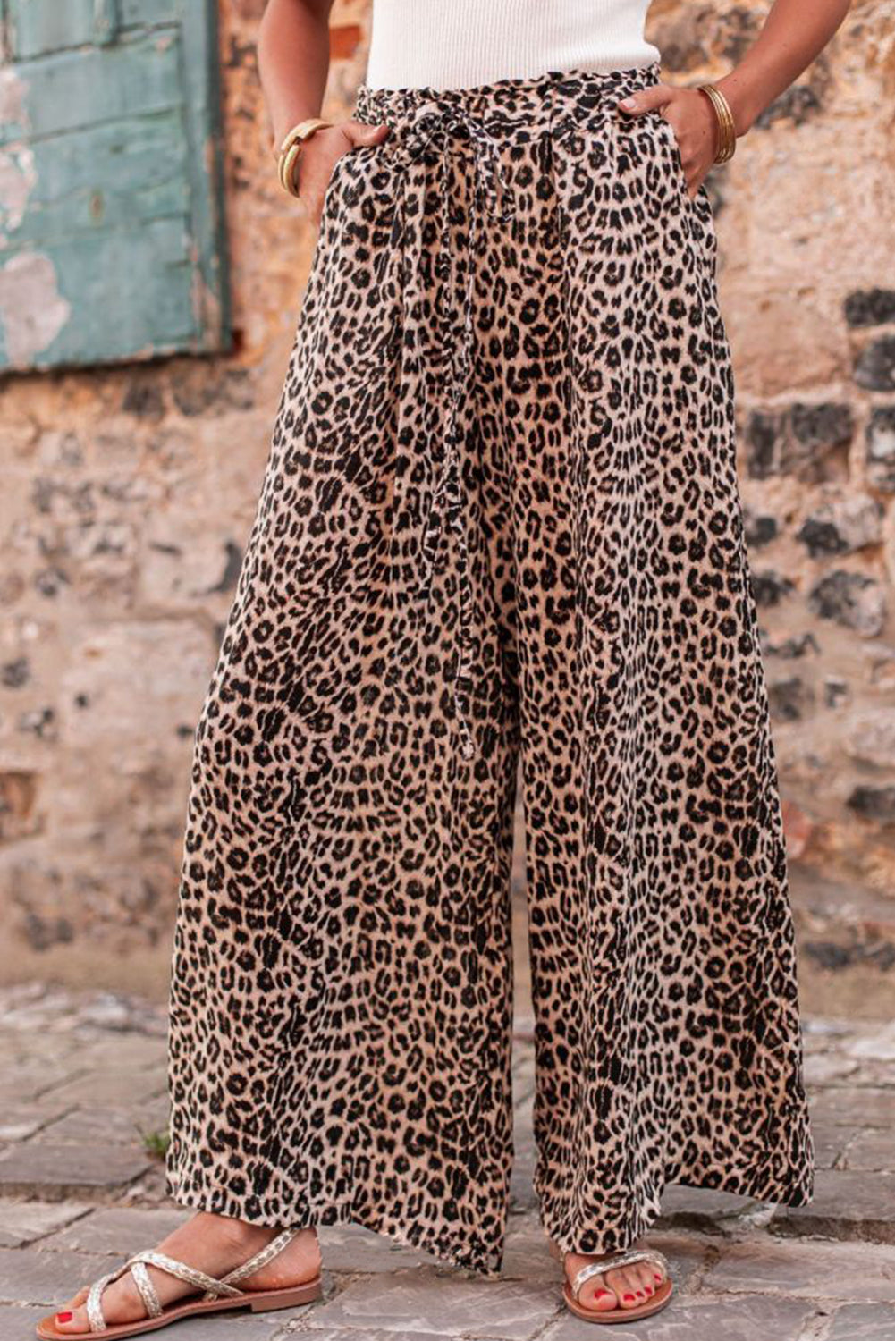 Black and Brown Leopard Print Wide Leg Elastic Waist Pants