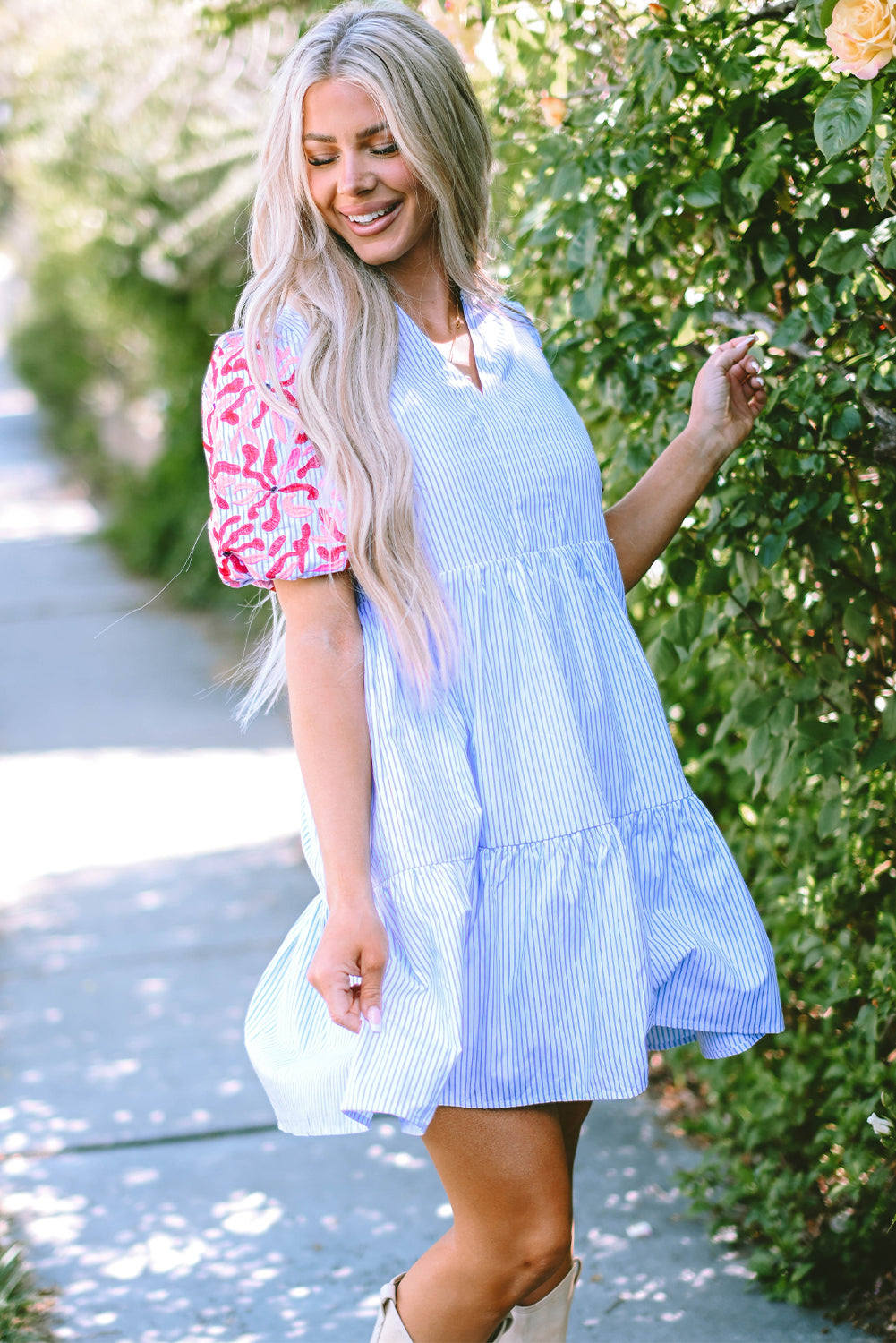 Sky Blue Stripe Embroidered Floral Puff Sleeve Tiered Ruffle Dress with Pockets