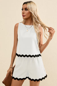 Black Ric-Rac Hemmed White Tank Top and Elastic Waist Shorts Set