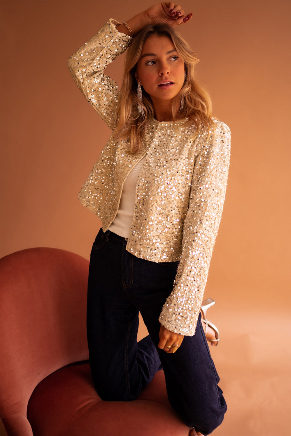 Gold Sequined Open Front Cropped Jacket