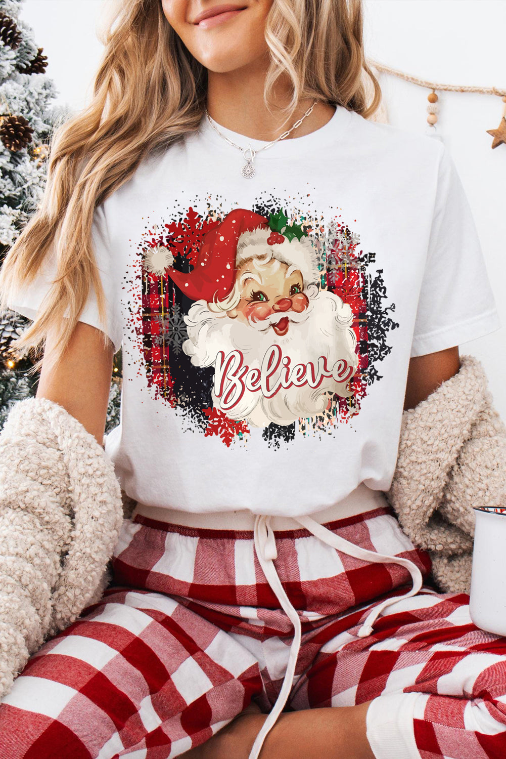 White Christmas Santa Believe Lettering Graphic Crewneck Tee
