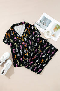 Black Happy Skeleton Print Short Sleeve Shirt & Pants Pajama Set