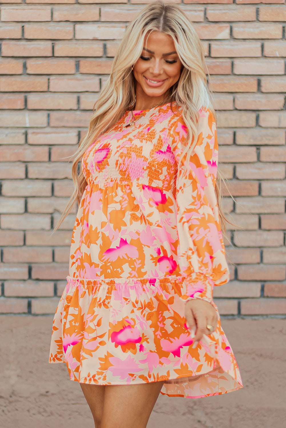 Orange Abstract Print Smocked Lantern Sleeve Ruffle Mini Dress