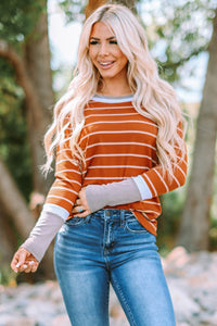 Rust Striped Color Block Long Sleeve  Rib Knit Shirt