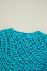 Turquoise Eyelet Bubble Sleeve Knit Sweater