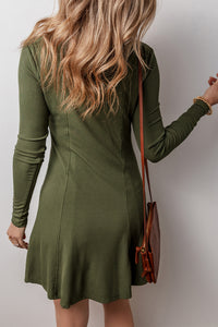 Avocado Rib Knit Square Neck Buttoned Long Sleeve Mini Dress