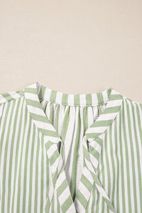 Sage Green Stripe Tasseled Tied V-Neck Tiered Plus Size Mini Dress