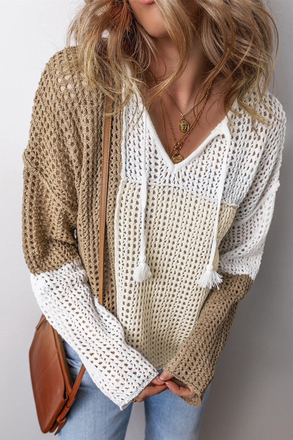 Tan and Cream Colorblock Tie V-Neck Lightweight Open Crochet Sweater