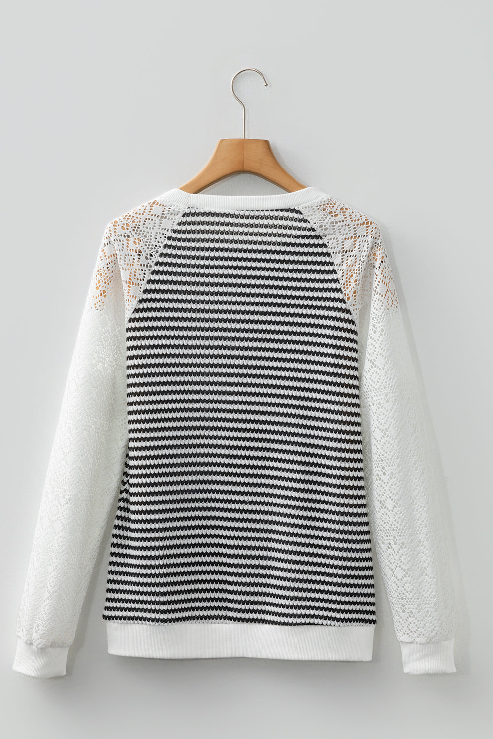 Black Stripe Open Lace Raglan Sleeve Textured Knit Top