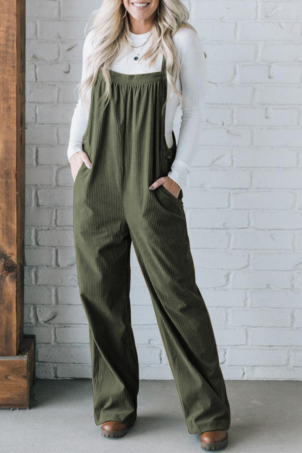 Forest Green Khaki or Black Solid Pocketed Loose Fit Corduroy Overalls