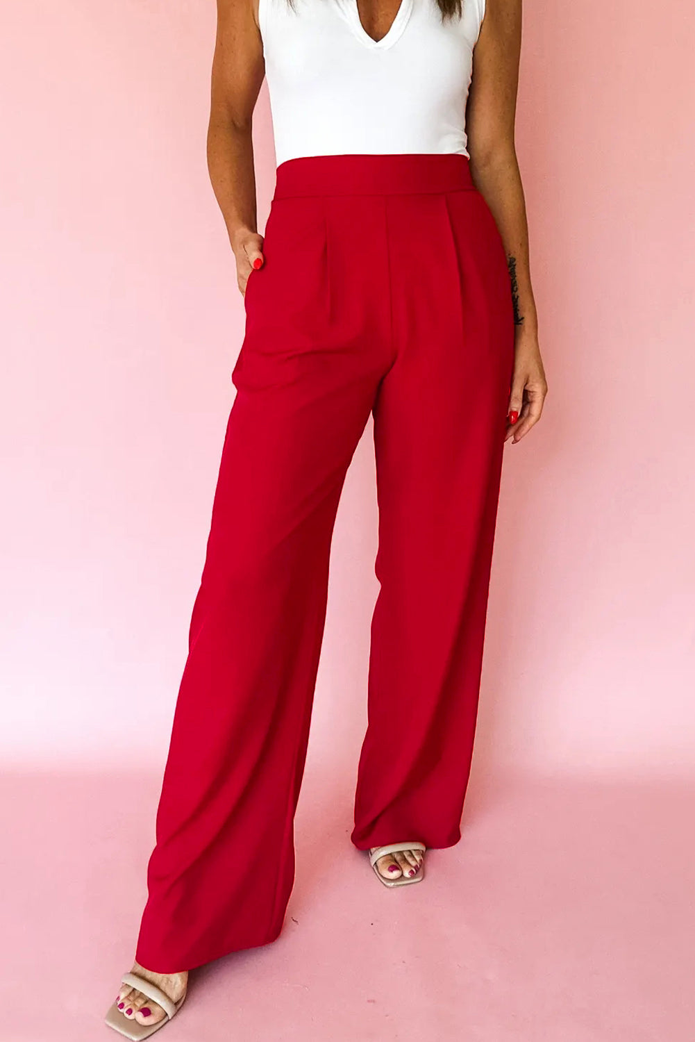 Pleated Front Pull On High Waist Wide Leg Dress Pants