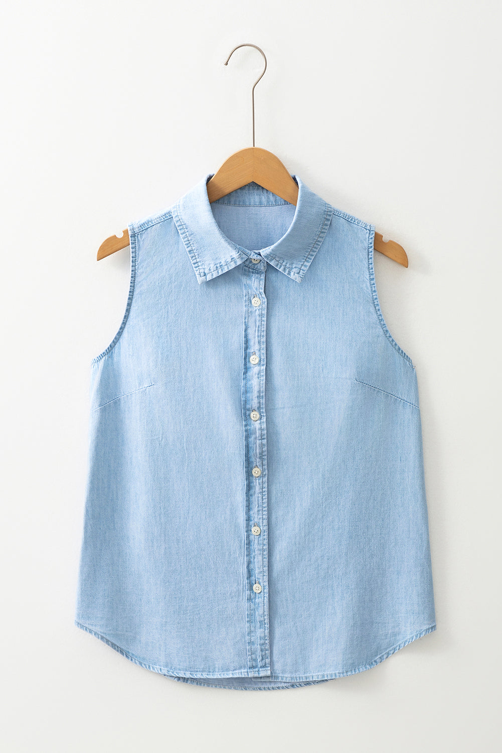 Light Blue Denim Button Up Collared Sleeveless Shirt