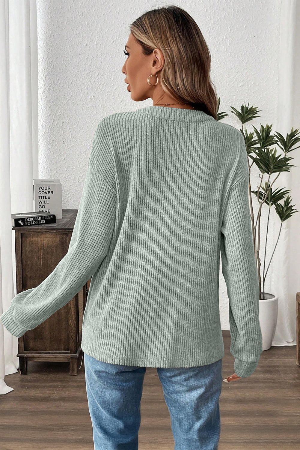 Heather Sage Drop Shoulder 1/4 Button Down Kangaroo Pocket Knit Top