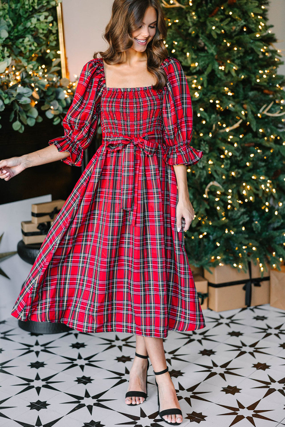 Red Tartan Plaid Smocked Square Neck 1/2 Puff Sleeve Tie Waist Midi Dress