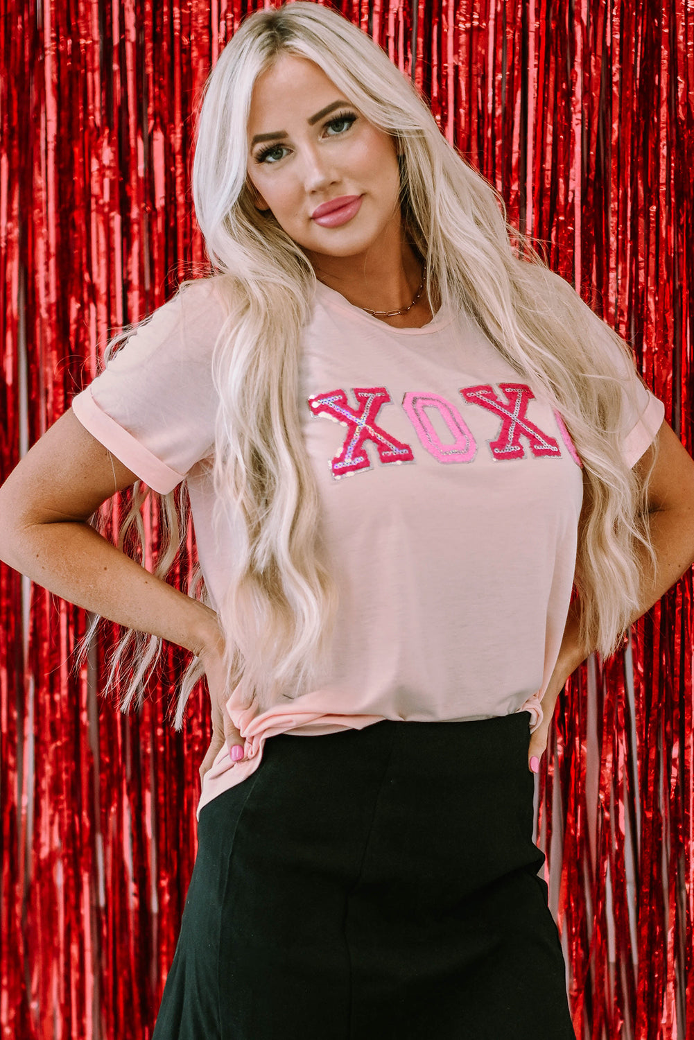 Pink Valentines Day Embossed XOXO Graphic T-shirt