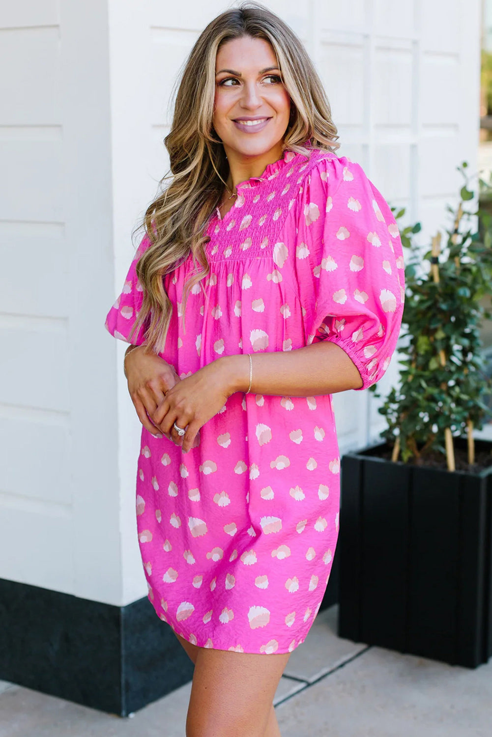 Bright Pink Spotted Print Half Puff Sleeve Flowy Dress