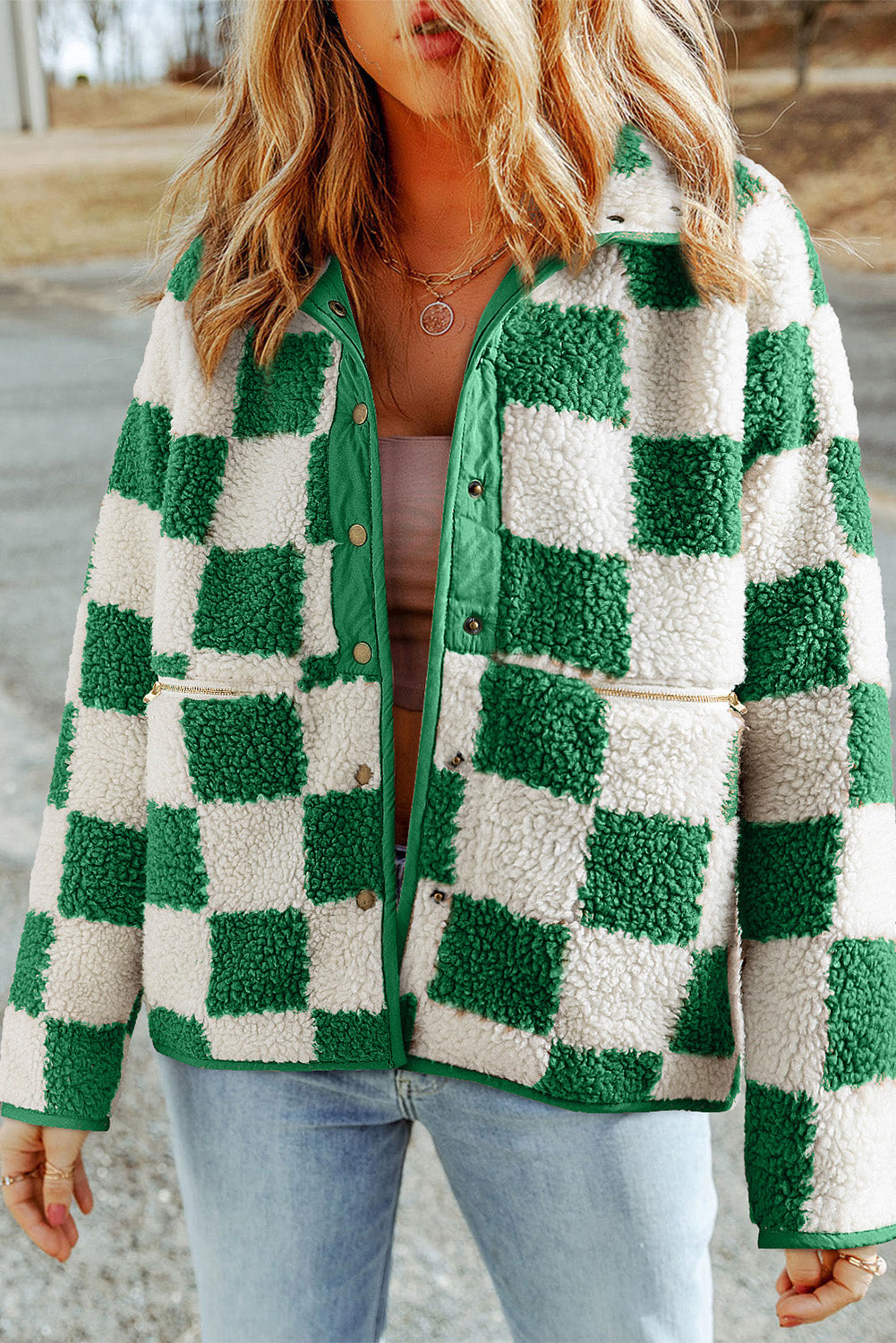 Green Checkered Snap Button Sherpa Jacket