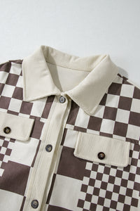 Brown Checkered Print Patchwork Corduroy Oversized Shacket