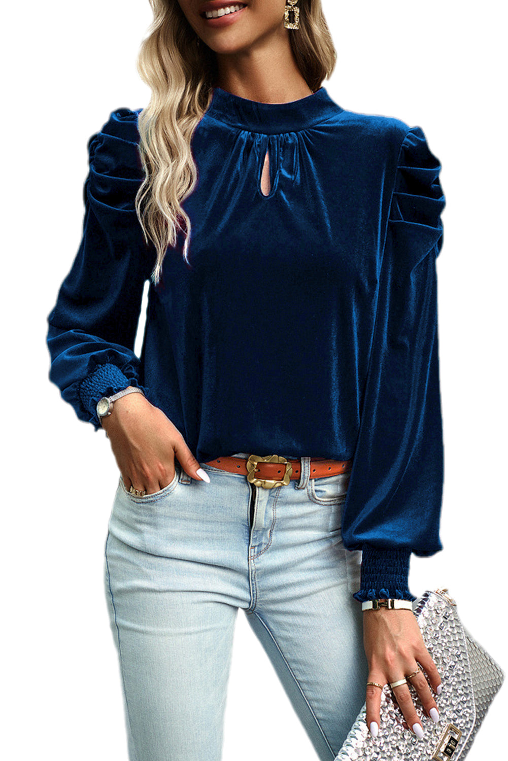 Sapphire Tie Back Neck Ruffly Sleeve Velour Blouse