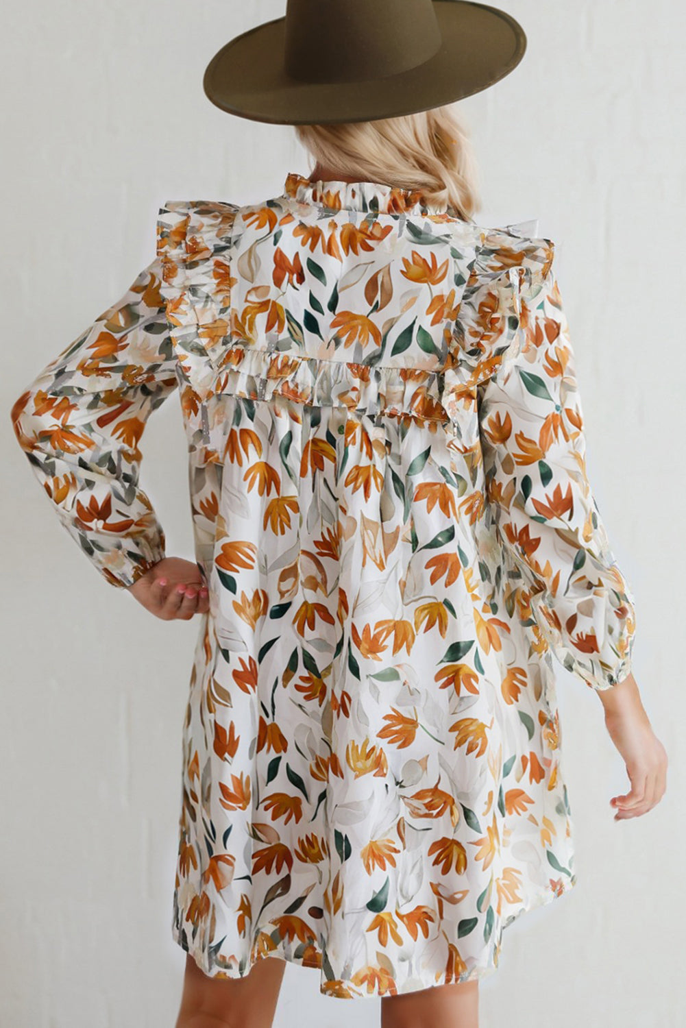 Orange Fall Floral Ruffled V-Neck Long Sleeve Mini Dress