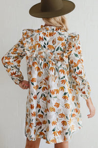 Orange Fall Floral Ruffled V-Neck Long Sleeve Mini Dress