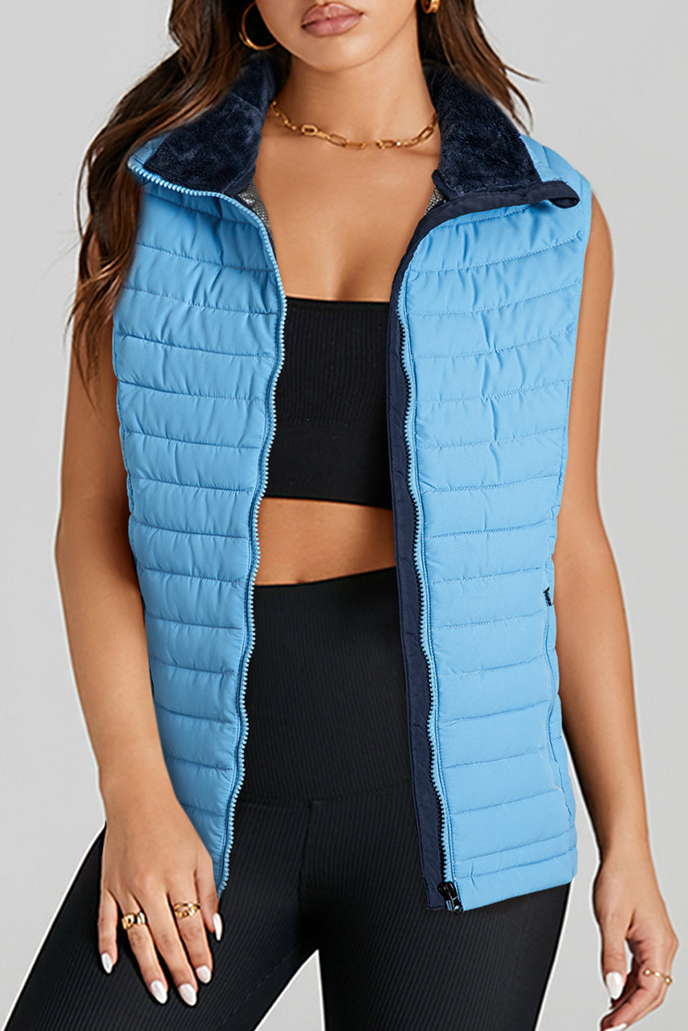 Quilted Full Zip Fuzzy Collar Puffer Vest