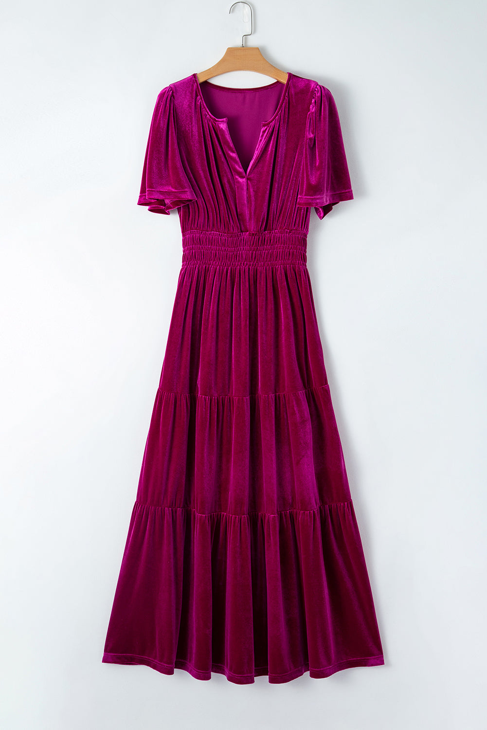 Magenta Velour Short Sleeve Shirred Waist Tiered Maxi Dress