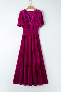 Magenta Velour Short Sleeve Shirred Waist Tiered Maxi Dress