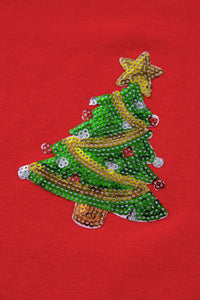 Red with Sequined Christmas Trees Crewneck T-Shirt