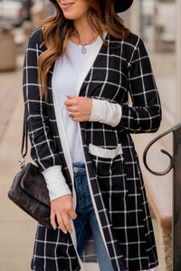 Black Window Pane Plaid Open Knit Cardigan with Pockets