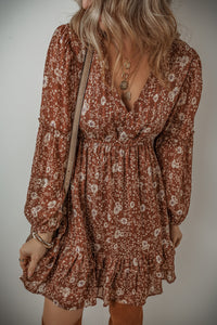 Brown Boho Floral Ruffled Puff Sleeve V-Neck Mini Dress