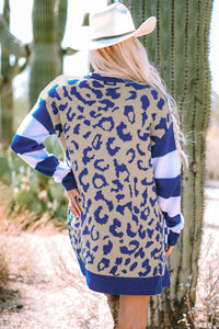 Stripe Sleeve Leopard Print Color Block Open Front Cardigan With Pockets