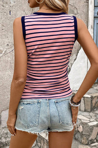 Pink Stripe Round Neck Sleeveless Fitted Knit Top