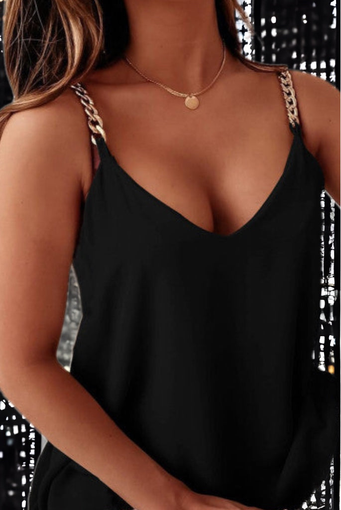 Black Silky Gold Chain Strappy Tank Just Your Average Gal Black Silky Gold Chain Strappy Tank Just Your Average Gal