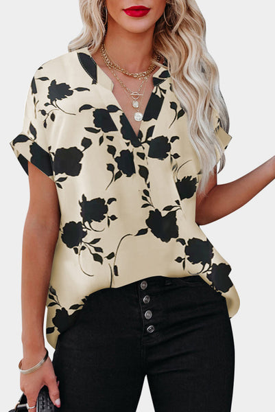 MAYAMANG Women's Floral Tunic Top - V-Neck Short Sleeve Button-Up Blouse, Loose Fit Casual Shirt, Size S Black+White