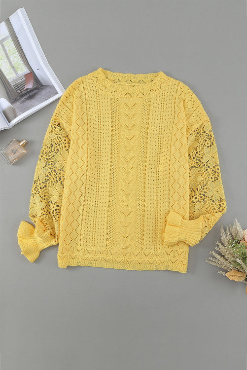  Guipure Lace Panel Pointelle Knit Sweater (Color