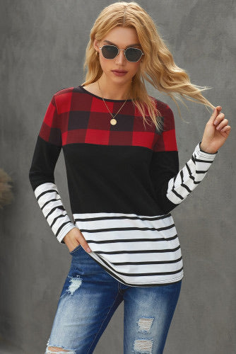 Red  Plaid Splicing Striped Color Block Long Sleeve Top•Red buffalo plaid with English style is lively and eye-catching and perfect for the holidays.  •Black pinstripes are timeless fashion elements.  •Stitching and color block styles add uniqueness to the this top.  •Round neck, pullover style is a relaxed fit.  •Soft stretch knit. 