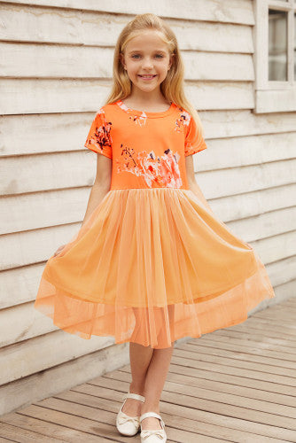 Girls Orange Floral Empire Waist Tulle Dress