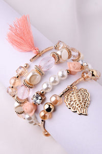 Peach Floral Beaded Stretch 4 Piece Bracelet Set