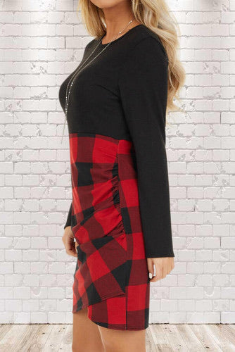 Red Plaid Splicing Ruched Black Long Sleeve Mini Dress – Just Your Average Gal
