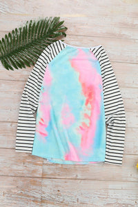 Pink & Aqua Tie-dye Print Sequin Pocket Long-sleeve Top