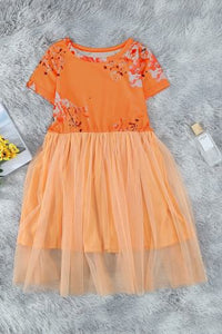 Girls Orange Floral Empire Waist Tulle Dress