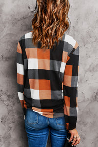 Rust Plaid Buttoned Sleeve V Neck Blouse