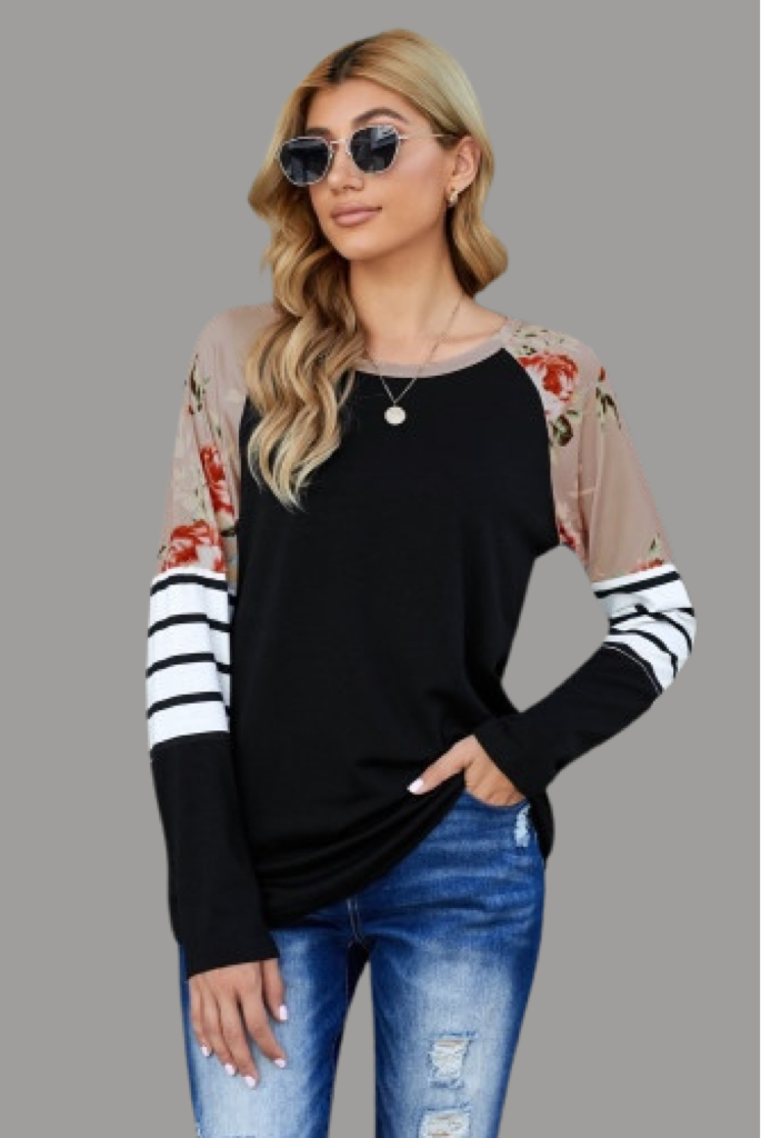 Black Striped Floral Long Sleeve Knit Top