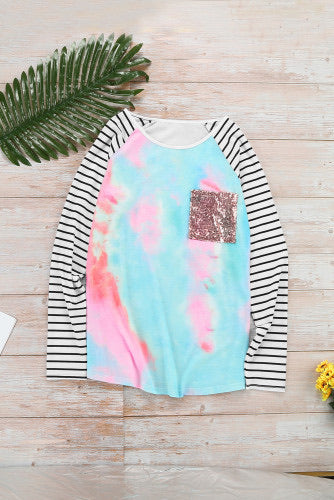 Pink & Aqua Tie-dye Print Sequin Pocket Long-sleeve Top