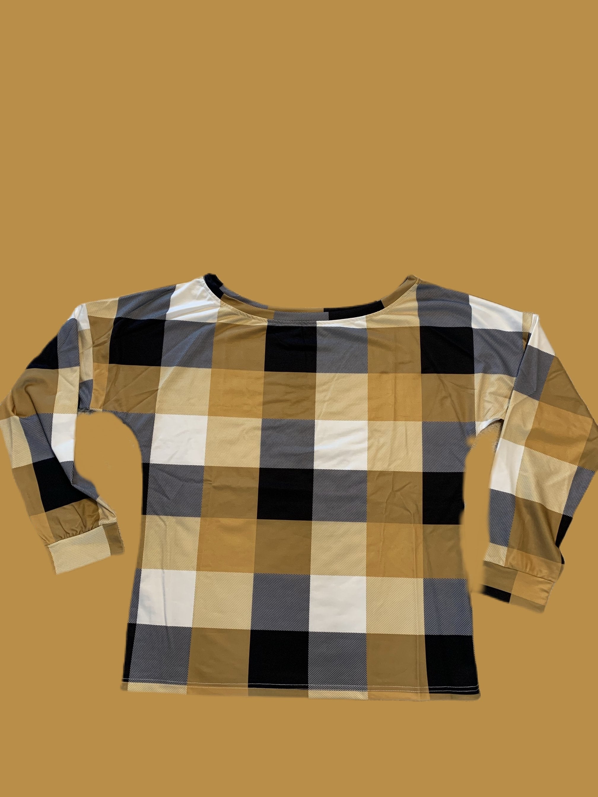 Harvest Gold Plaid Round Neck Long Sleeve Shirt