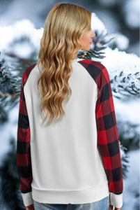 Red Buffalo Plaid Long Sleeve White Knit Top