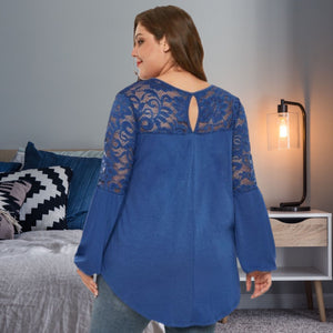 Plus Size Royal Blue Lace Trim Long-sleeve Top