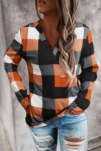 Rust Plaid Buttoned Sleeve V Neck Blouse